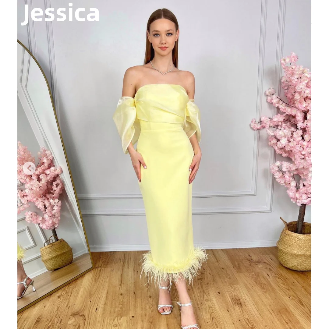 

Jessica Elegant Yellow Prom Dresses Luxury Feather Organza Evening Dresses Formal Wedding Party Dresses Robes De Soirée2024