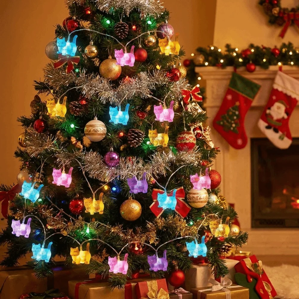 10/20pcs Lights Cat Shaped String Lights Battery Operated Cartoon Christmas Tree Decorative Lights Cute LED Light String