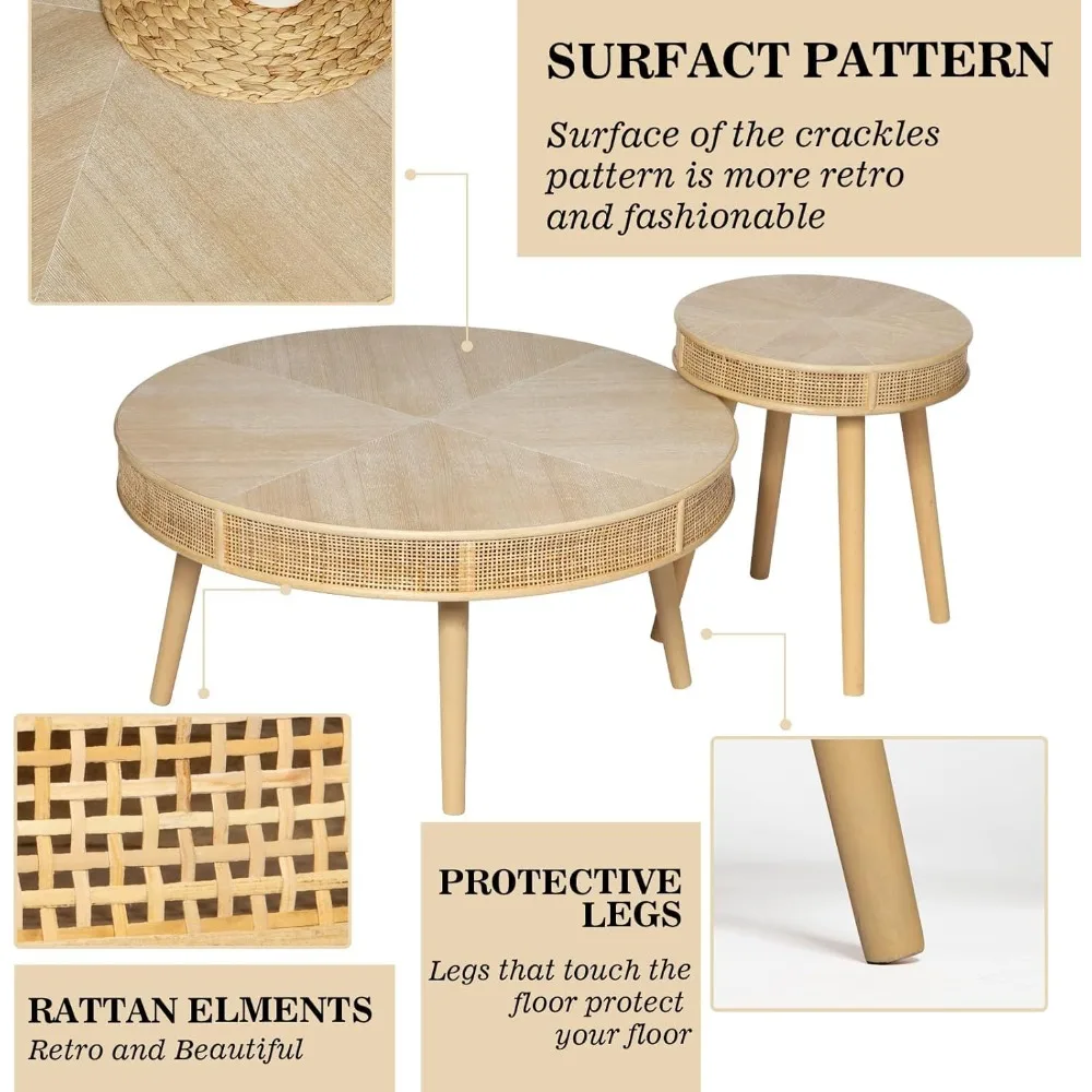 مجموعة طاولة القهوة المتداخلة من الروطان الريفي لغرفة المعيشة، طاولات جانبية للأريكة المستديرة مصنوعة يدويًا #5