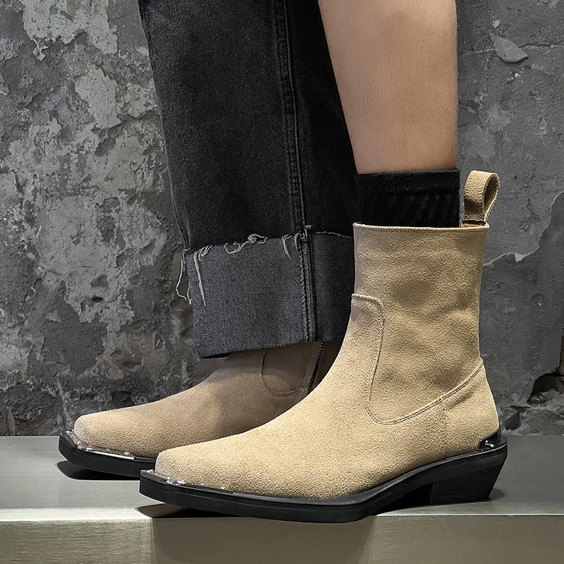 England style men casual party nightclub cow suede leather boots square toe designer shoes cowboy platform boot chelsea botas view 2
