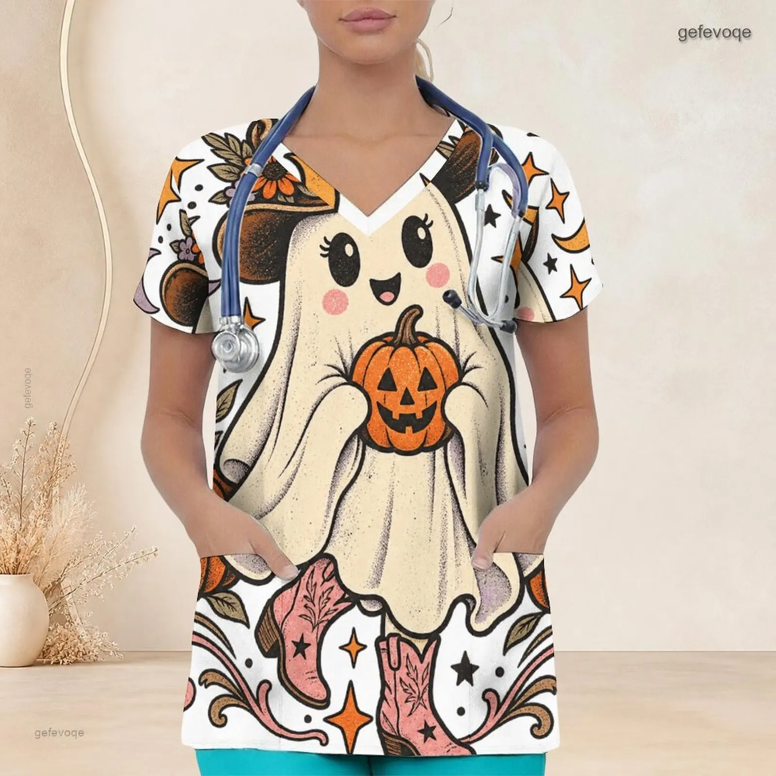 Women V Neck Short Sleeve Scrub Top, Cute Ghost Witch Reading Book Halloween Printed Top with Front Pockets