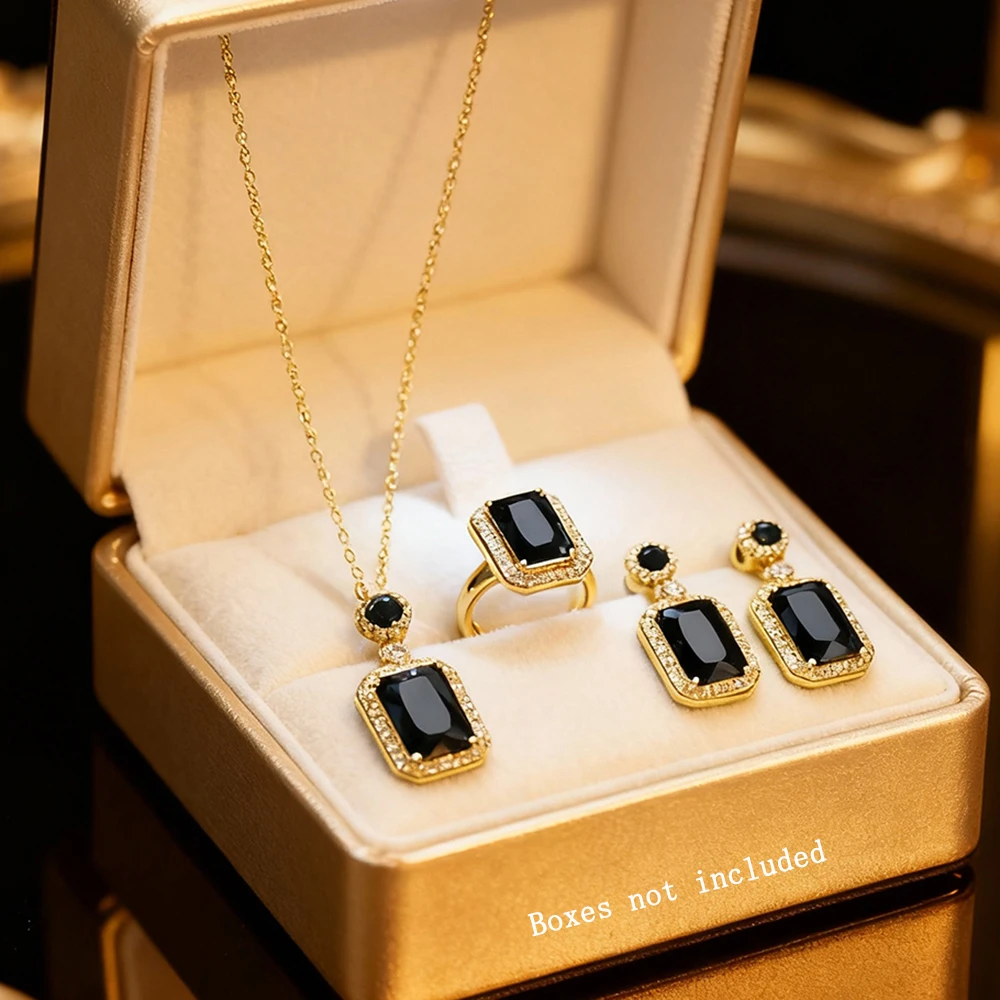 4PCS Vintage Green Rectangle Rhinestone Jewelry Set, Necklace Earrings Ring, Elegant Gift for Women for Banquet Party