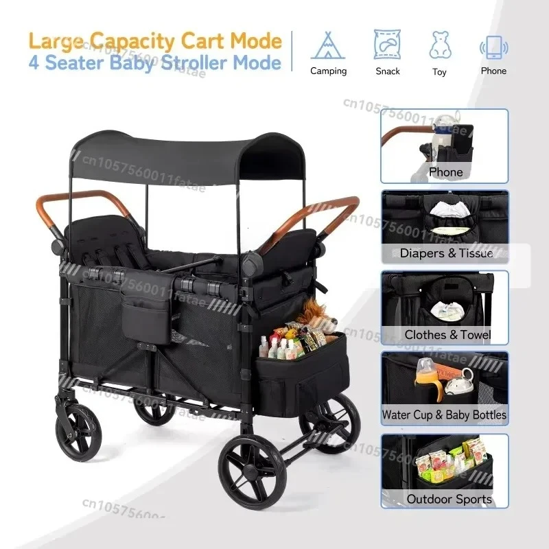 4‑Seater Kids Outdoor Folding Wagon Stroller, Full Canopy Camping Wagon for Children