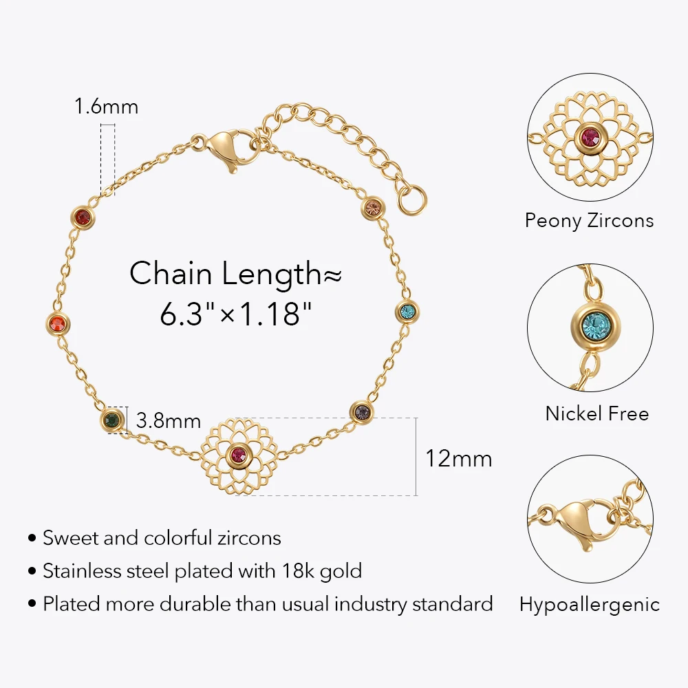 ENFASHION Kpop Colorful Zircons Bracelets For Women's Stainless Steel Peony Charm Gold Plated Pulseras Fashion Jewelry B222287