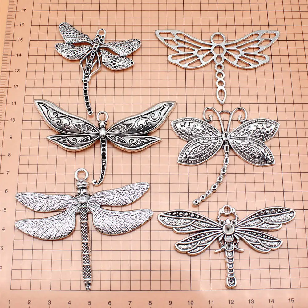 6pcs/lot Antique Silver Color Big Dragonfly Charms Collection For Jewelry Making Accessories