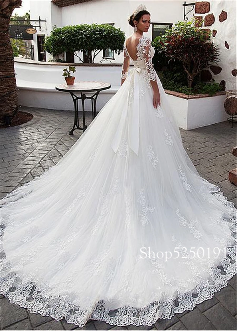 Robe de mariée ligne a en Tulle, magnifique, encolure à bijoux, avec des Appliques entièrement en dentelle, perles, ceinture, manches 3/4