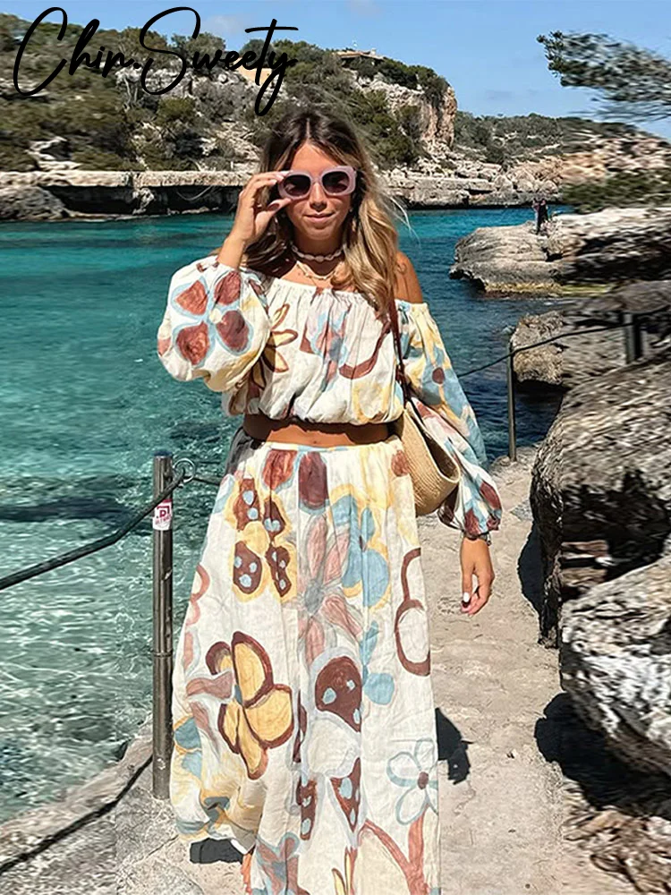 

Топ с праздничным принтом, свободная юбка, женский укороченный топ с открытыми плечами и длинными рукавами, свободные пляжные юбки, 2024, летние модные комплекты с высокой талией