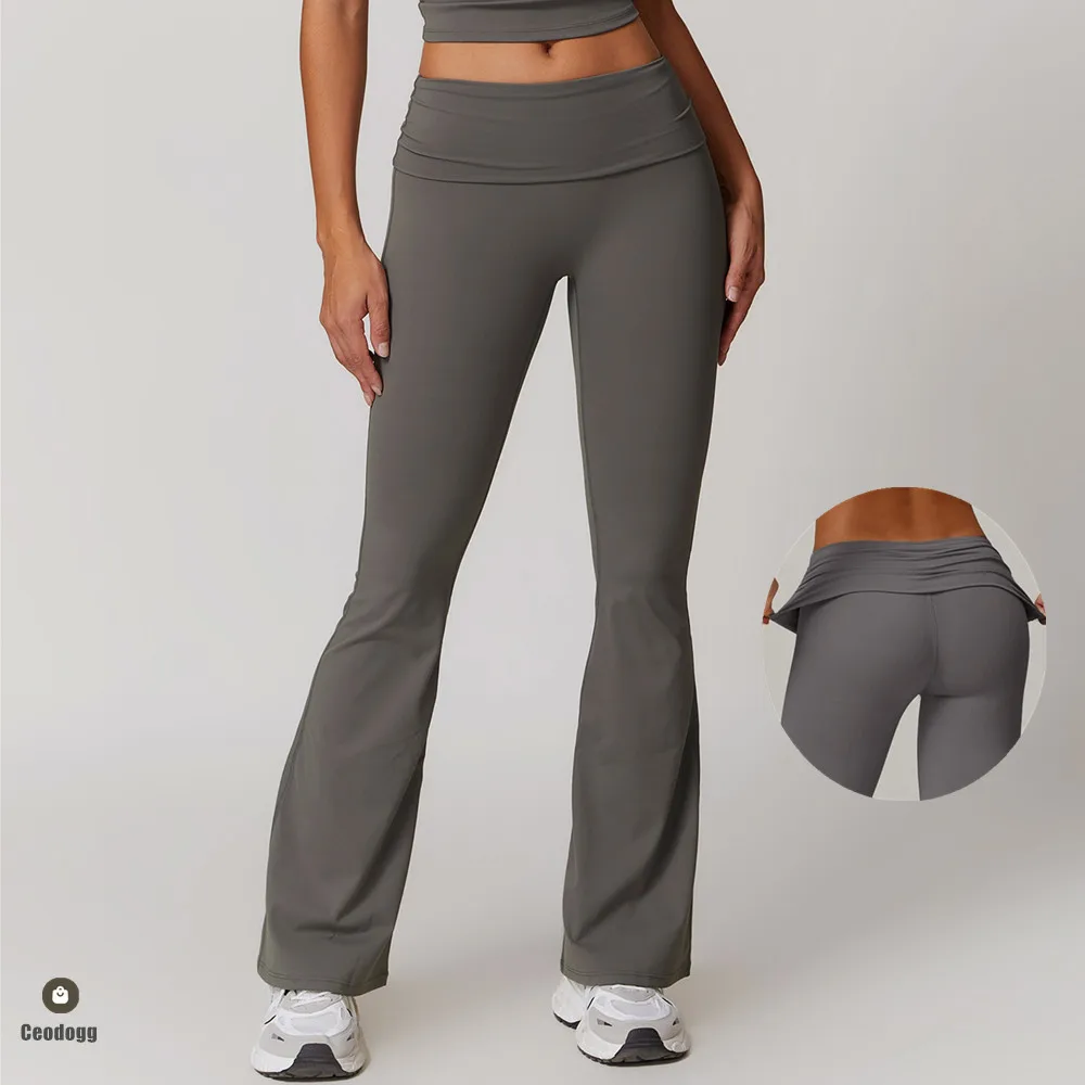 

Fold Waist Women Yoga Pant Bell-bottoms Tights Gym Sport Wide Leg Pant Fitness Flare Leggings Workout Running Active Wear XP33