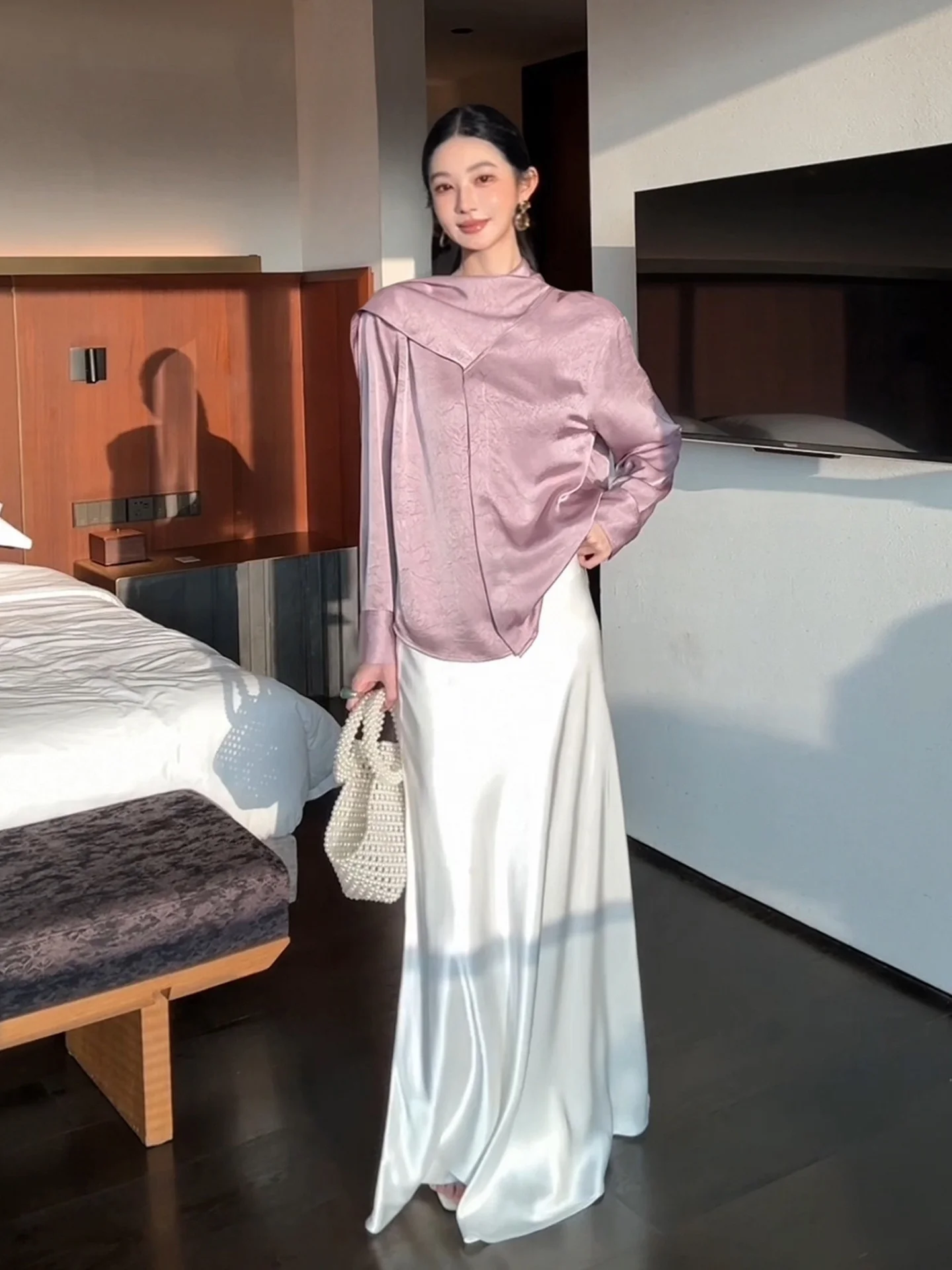 

Ele Purple Silk irt Women's Long Sve Floa Collar High-End Feel Aline ALIN Mist Light irt Summer 2025 Faion