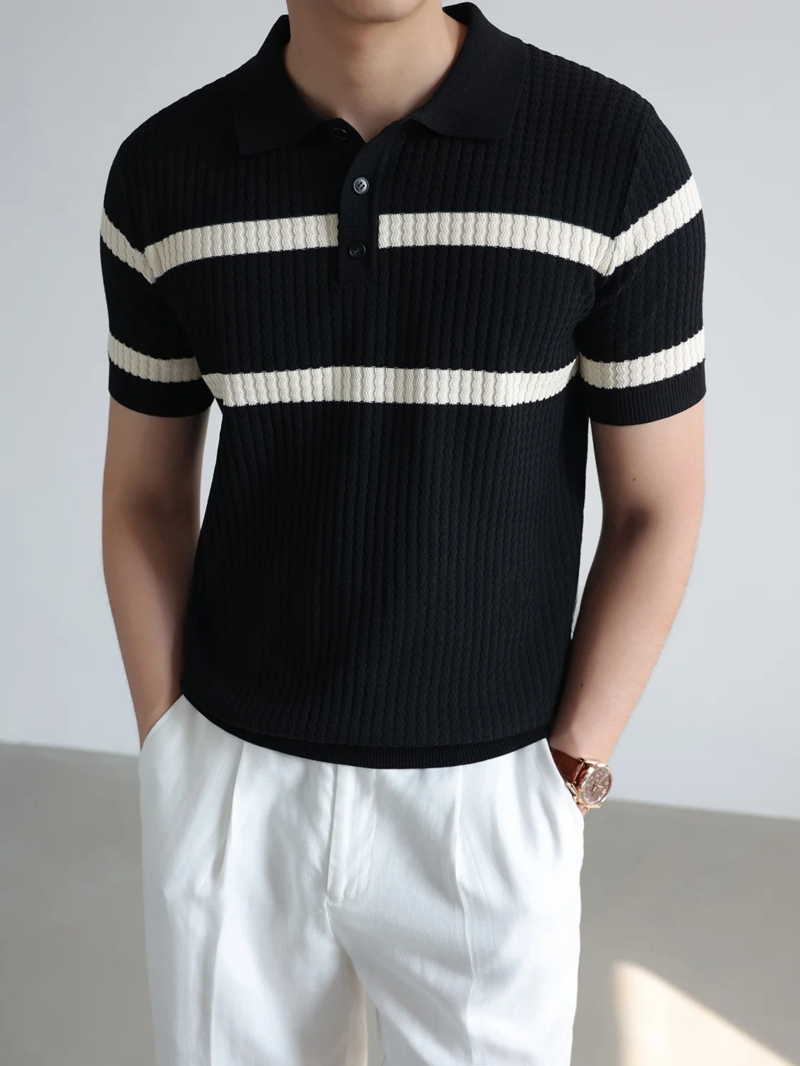 Men's Knitted  Shirt Short Sleeve Breathable Stripe Pattern Turn-down Collar Color Block Design Summer Fashion Standard Fit