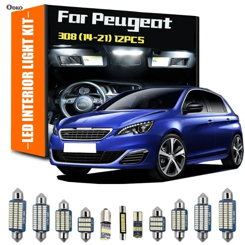 

Для Peugeot 308 2014-2021 12 шт. светодиодный внутренний светильник для чтения, комплект ламп для багажника, хэтчбек, седан, сигнальная лампа, автомобильные огни