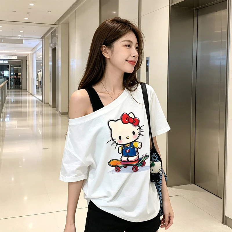 Hello Kitty Off Shoulder T Shirt Women Short Sleeve Loose Soft Cotton Y2K Cute Cartoon Print Casual Streetwear Slant Neck Tops