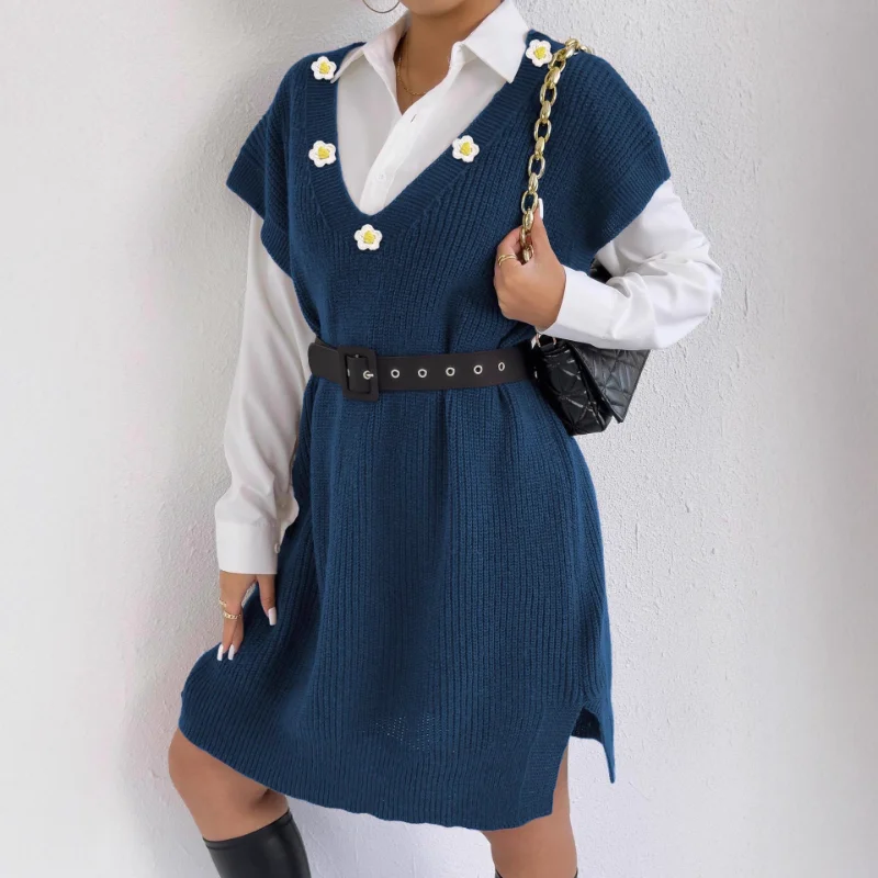 Hand Hook Flower Stitching Vest for Women Sweater Loose Dress Deep V Vest Belt Not Included