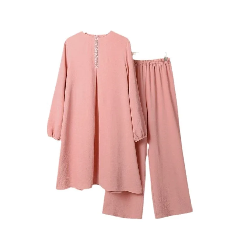 Muzułmański damski zestaw: koszula z długim rękawem i spodnie z cekinami, okrągły dekolt, styl casual, moda Bliskiego Wschodu, wiosna-jesień, nowość.