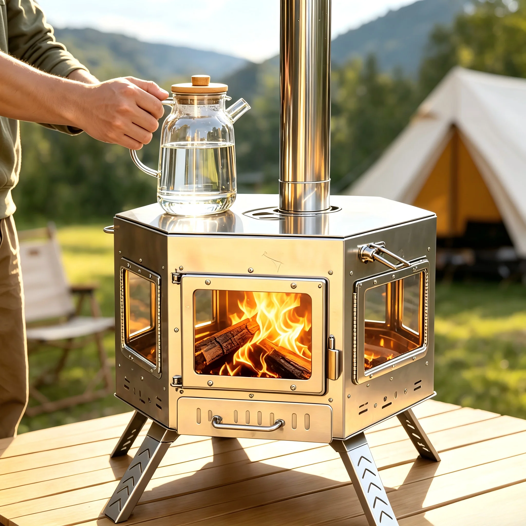 CE Certified Hexagonal Hot Ten - огляд і ціна Hot Tent Wood Stove With Chimney Pipe