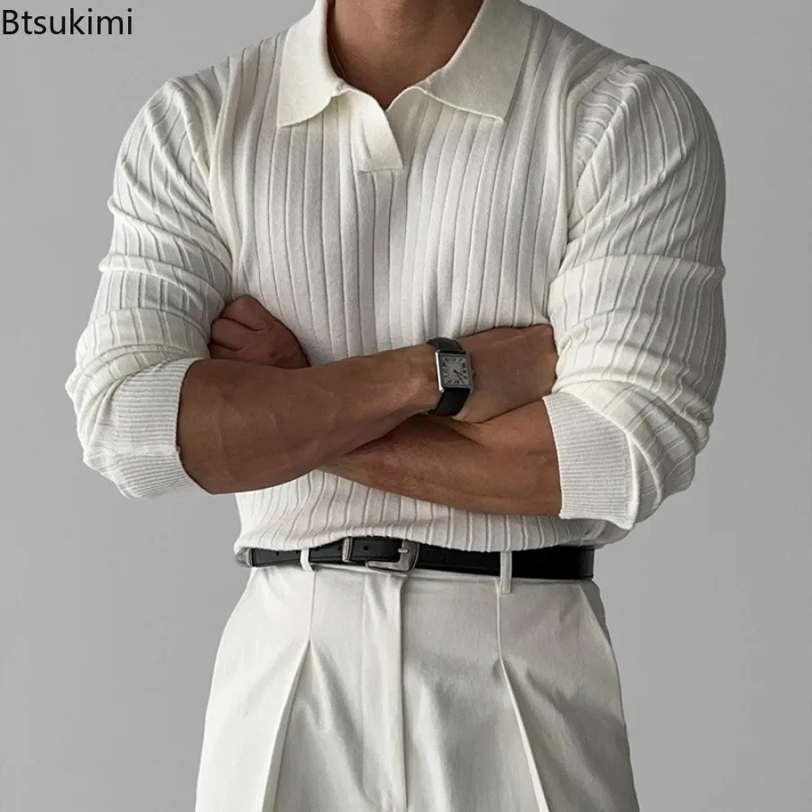 New 2025 Men's Knitted Long Sleeve Polo Shirt Fashion Slim Solid Lapel Sweaters Business Casual All-match Tops Men Wool Sweaters