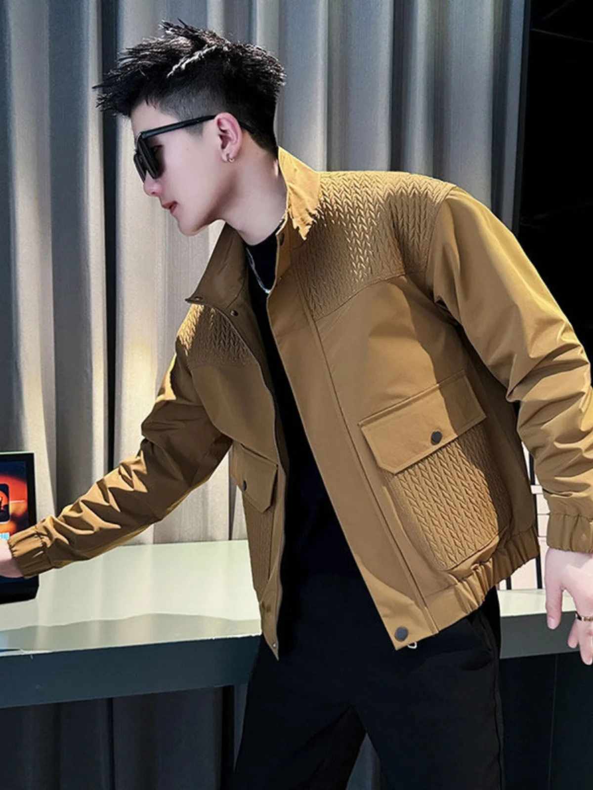 

Trendy Casual Men's Workwear Jaet Spring Autumn Patchwork Polyester Long Sve Zipper Closure Faionable Youth Sle