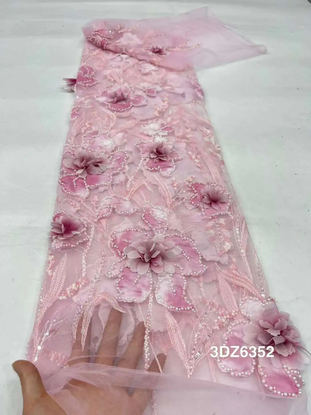 2024 Latest High Quality Elegant Embroidery 3D Flower Lace Fabric African Nigeria Beaded Fabric Wedding Dress SF