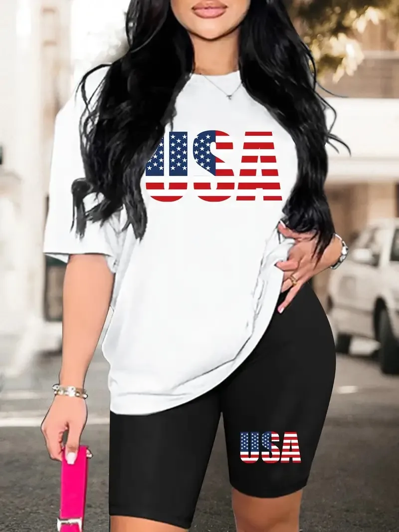 Independence Day sale women\'s 2-piece set flag text, casual short-sleeved T-shirt and tight shorts women\'s suit women\'s wear