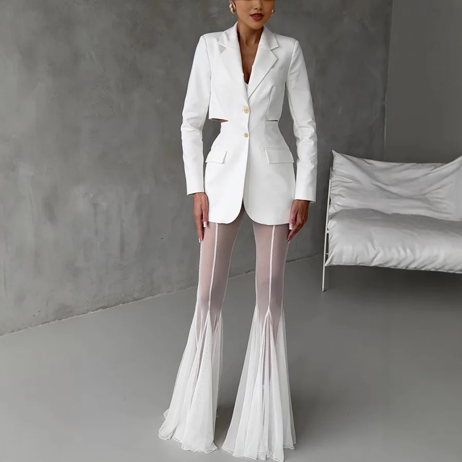 Women's Casual Patchwork Pleated Flared Pants Perspective Mesh Slim Trousers New 2026 Summer Elastic High Waist Club Long Pants