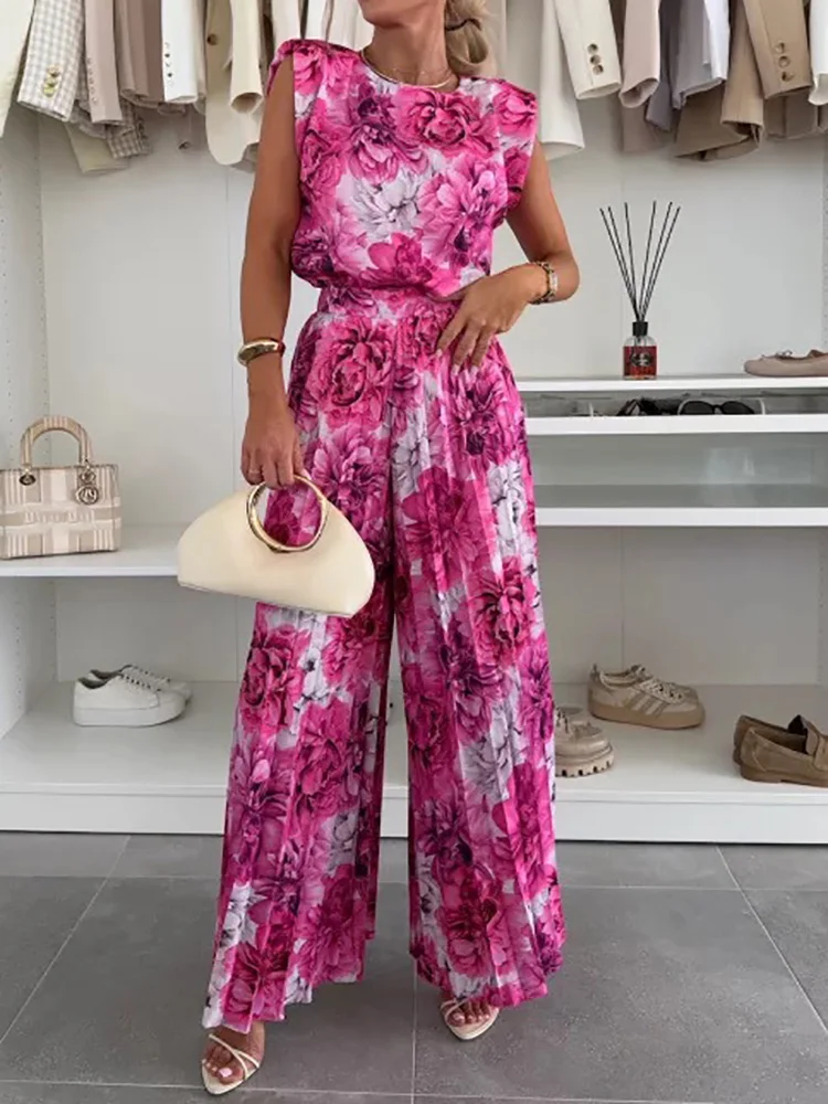 여름 여성 넓은 다리 바지 두 조각 세트, 휴일 솔리드 패치 워크 간단한 복장, 새로운 O 넥 민소매 숙녀 정장 streetwear