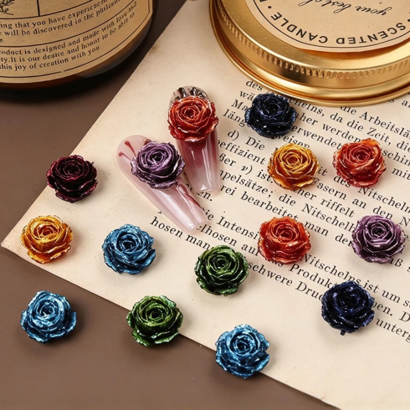 50pcs Metallic Shimmer 3D Rose Resin Nail Charms Vintage Glitter Flatback Flower Nail Art Decorations DIY Manicure Accessories