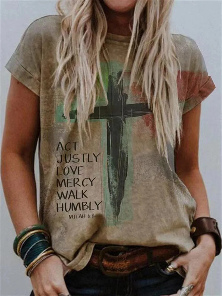 2026 Women Vintage Cross Faith Print T Shirt Round Neck Short Sleeve Loose Contrast Color Casual Tops Womens T Shirts and Polos