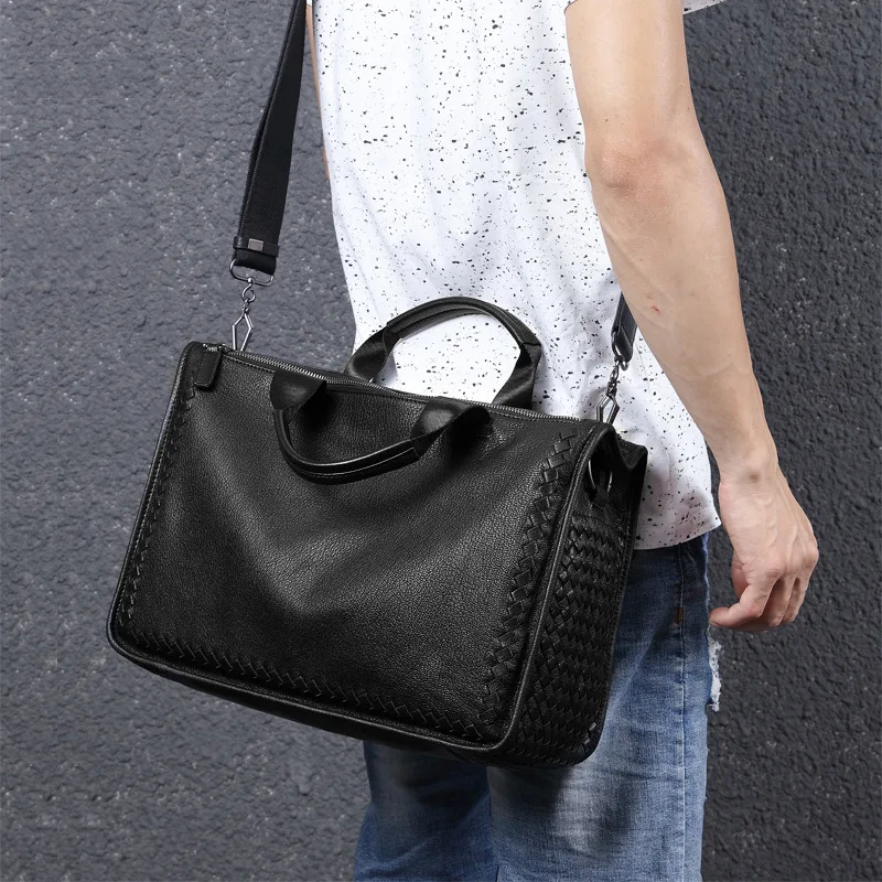 Genuine Business Single Shoulder Handheld Laptop Sheepskin Briefcase Woven Crossbody Men's Messenger Luxury Briefcases Men