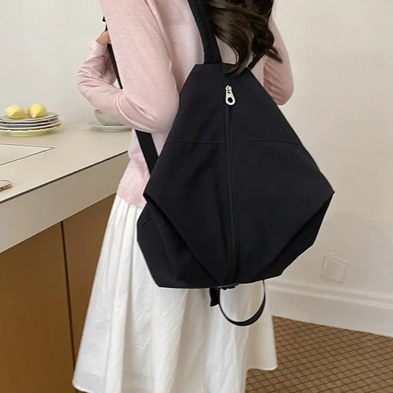Women Beige Nylon Backpack With Crinkle Texture Triangle Shape Lightweight Waterproof Casual School Travel Daypack Minimalist