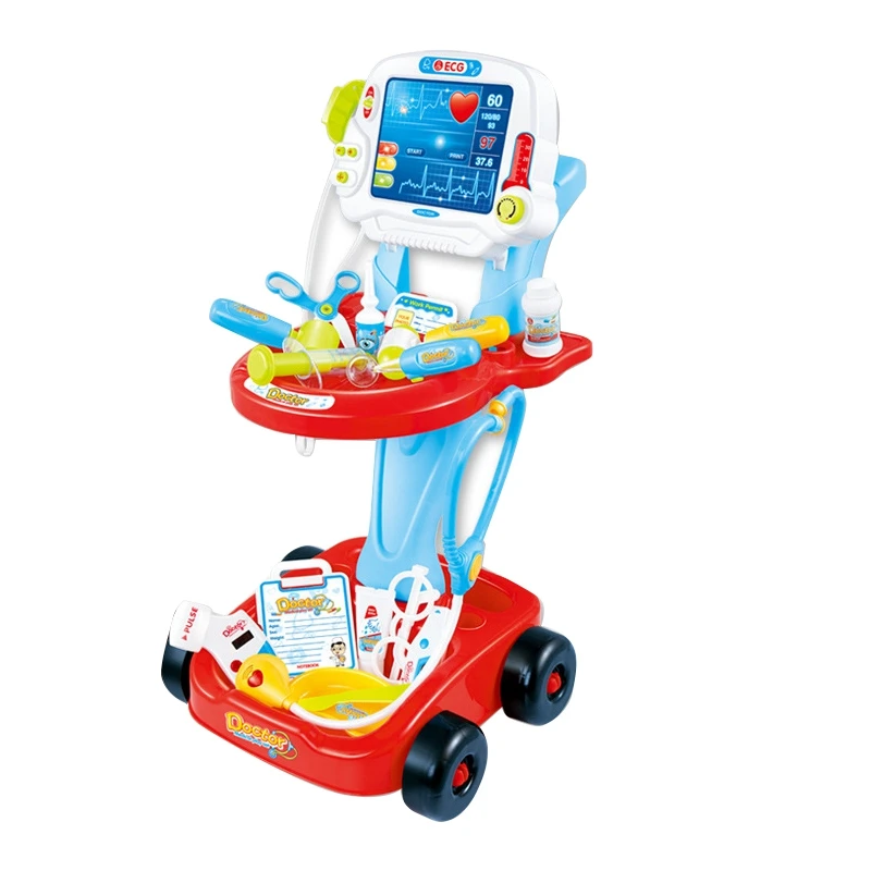 

Hot Sale Pretend Play Toys Set Kit With Simulated Electrocardiogram Toy Injections Home Medicine Box Set Trolley