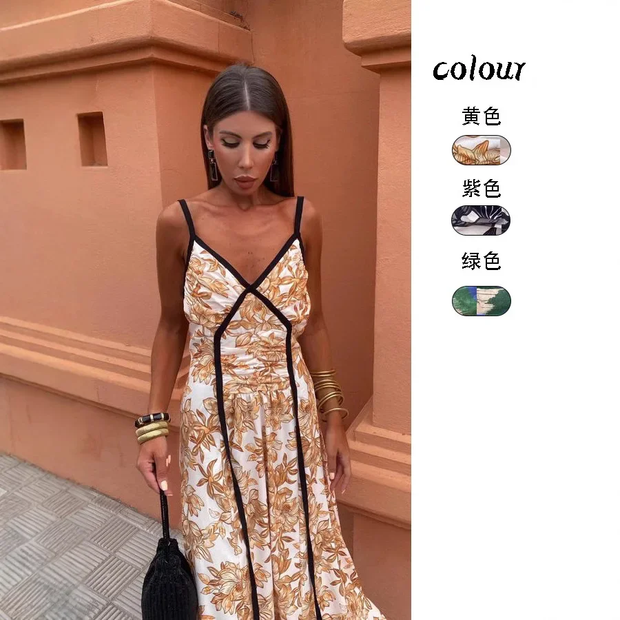 

2025 Summer New Fashion Floral Hot Girl Slim Holiday Style Suspender V-neck Long Skirt Vestidos De Fiesta