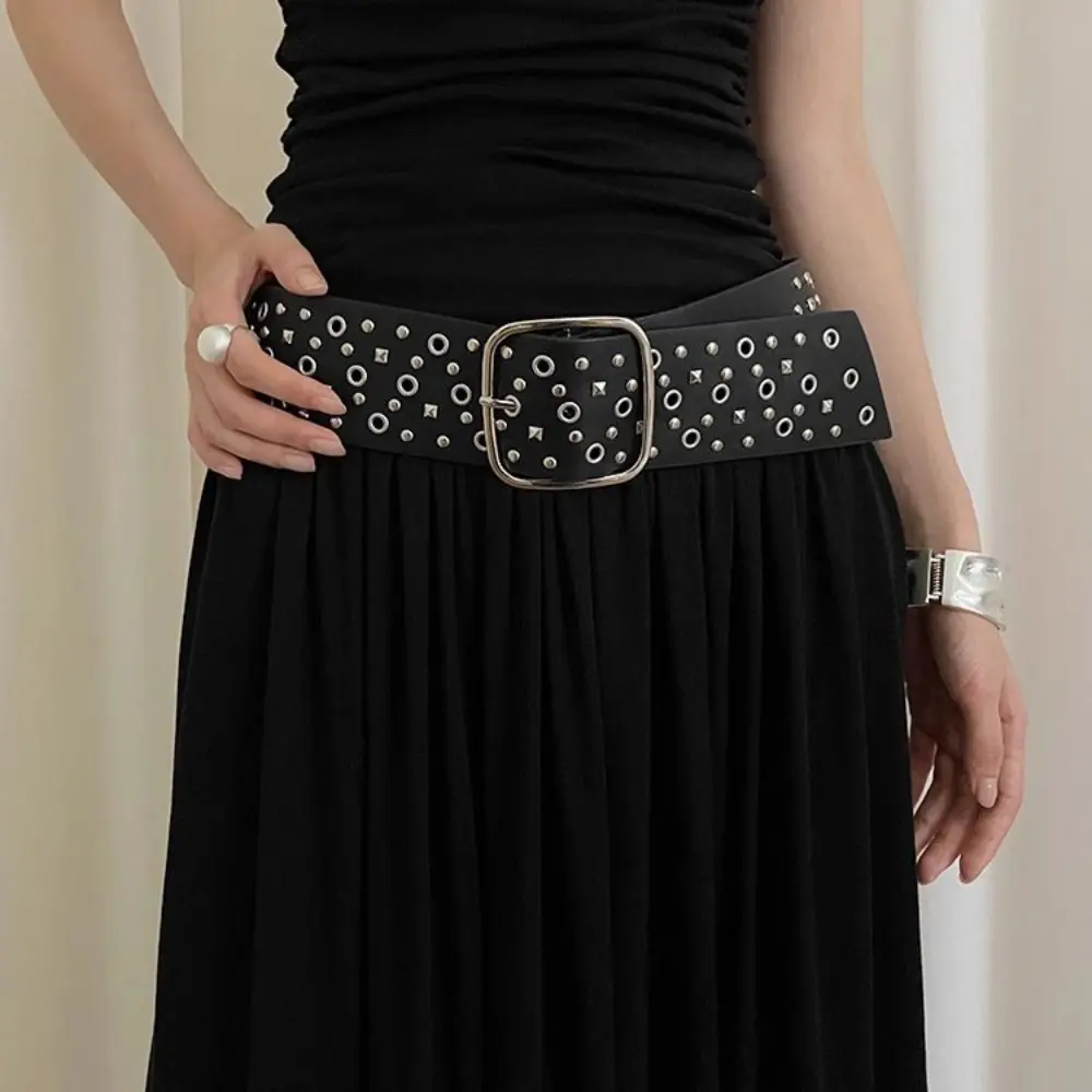 Elegant Rivet Cowgirl เข็มขัดหนังนิ่ม Y2K เข็มขัดกว้างปรับ Harajuku เข็มขัดหนัง PU ชุด