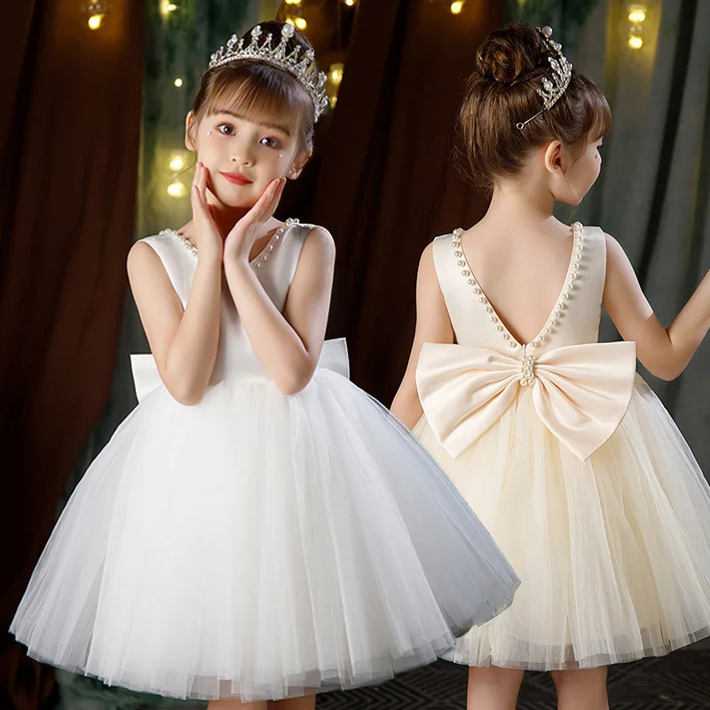

Girls Tulle Dresses Princess Backless Bow Pearls Elegant Mesh Gown Children Birthday Dress Kids Wedding Party Vestidos Clothing