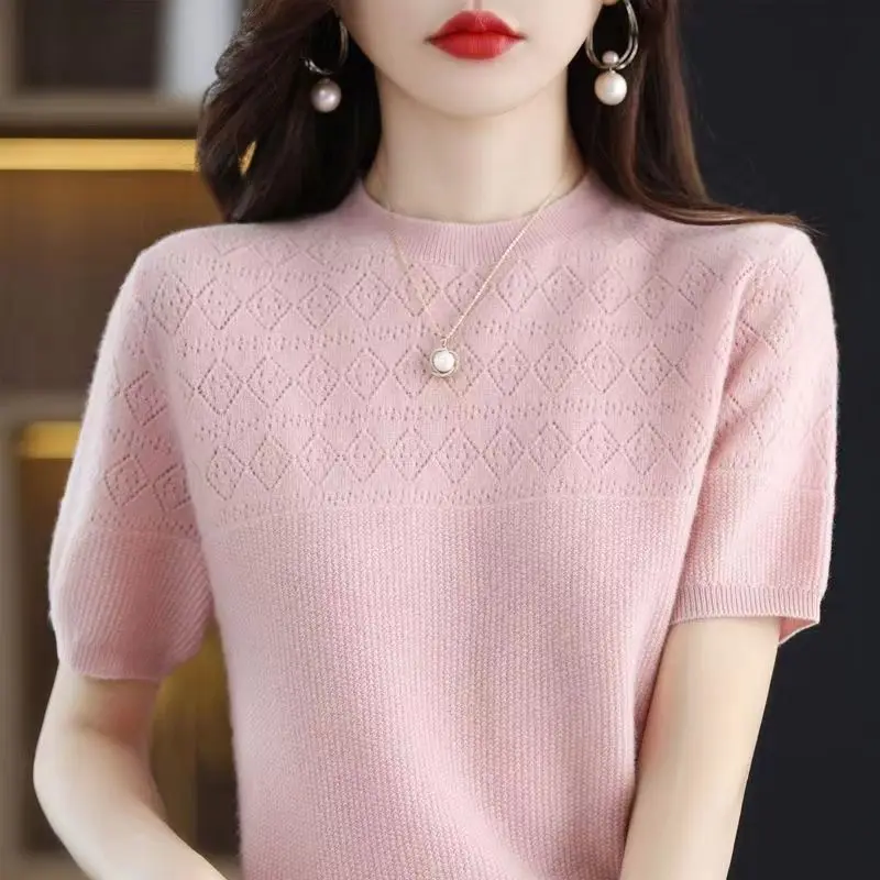 Vintage Fashion Women Knitted T-Shirt Summer Hollow Out Breathable Tees Female Clothing Short Sleeve Loose Pullover Casual Tops