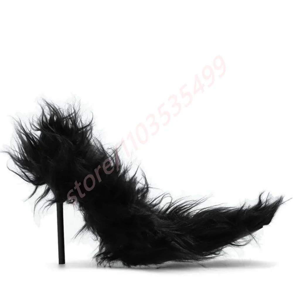 

Black Plush Sexy Women's Pumps 2025 Summer New Street Fashion Casual Slip-On Pumps Ins Style Pointed Toe Party Catwalk Stilettos