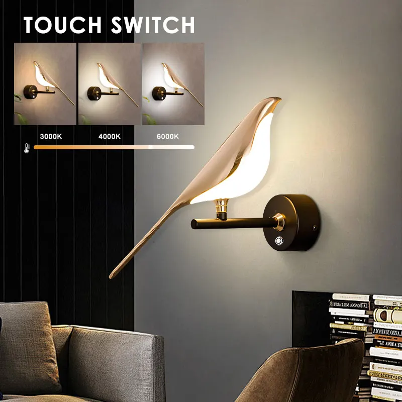 

Modern Magpie Bird LED Wall Lights with Touch ON/OFF Switch 360° Rotatable Bedroom LED Wall Lamps for Corridor Aisle Hallway