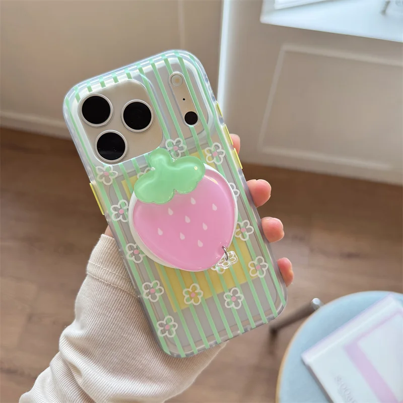 Green Stripe Flower Magnetic Phone Case For iPhone 15 16 17 ProMax Clear With 3D Pink Strawberry for Magsafe Socket Soft Cover