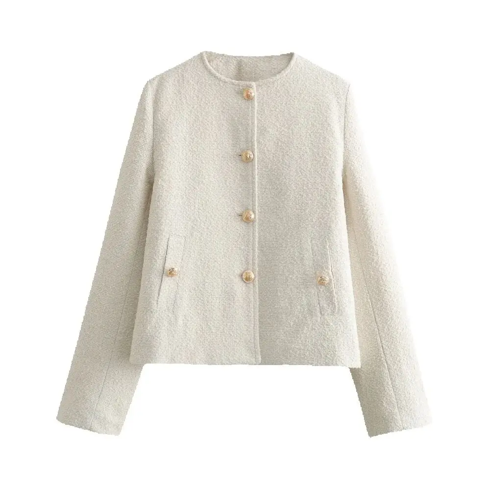 المرأة الملمس فضفاض أعلى جولة الرقبة طويلة الأكمام زر جيب الخريف / الشتاء نمط جديد معطف أنيق