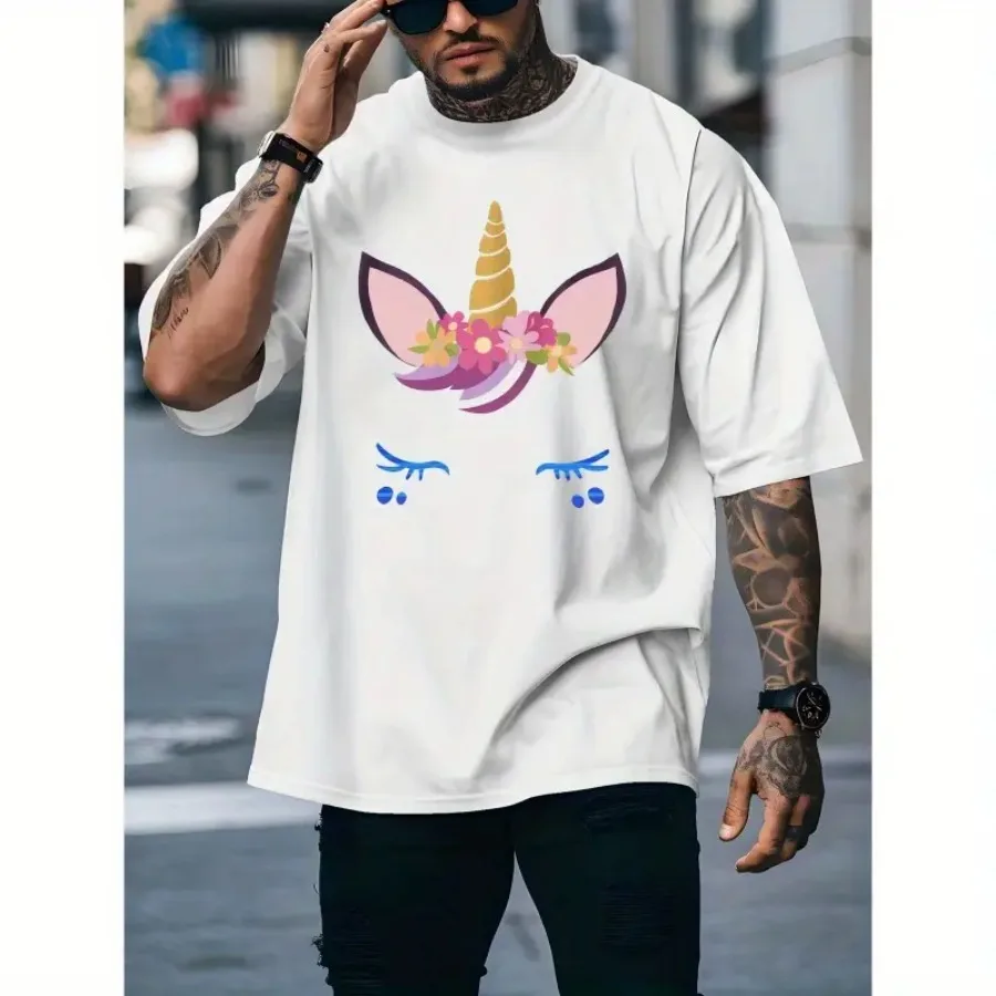 【New style】Men's Breathable Polyester-Spandex T-Shirt with Shy Unicorn Print Short Sleeves Round Neck - Casual Summer Top for B