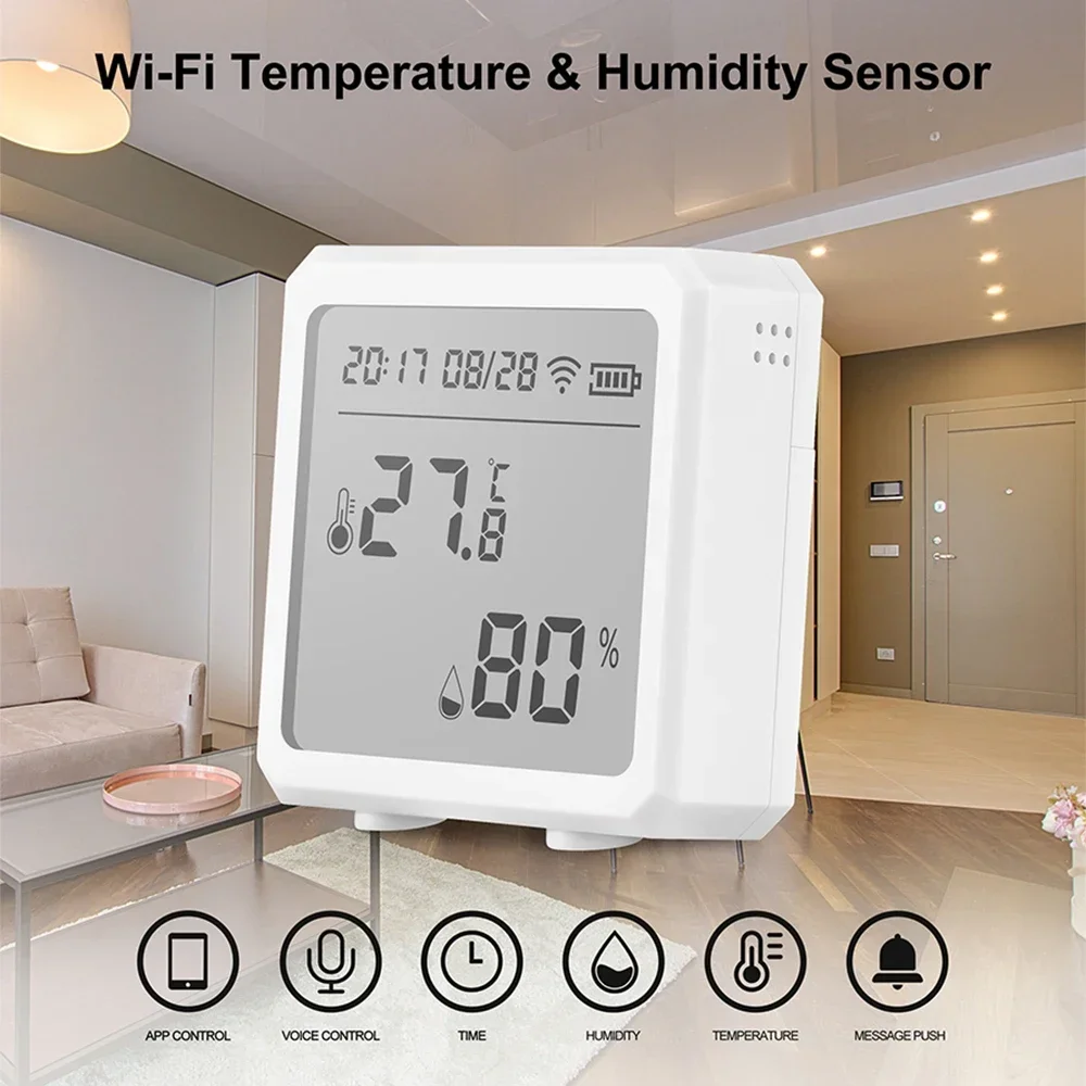 Digital Tuya WiFi Thermometer Temperature Humidity Sensor Meter Time Report LCD Display Hygrometer Alexa Google Wall Clock