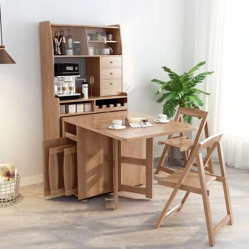 Dining table, side cabinet, one table and four chairs combined, multi-functional, foldable and retractable, solid wood table