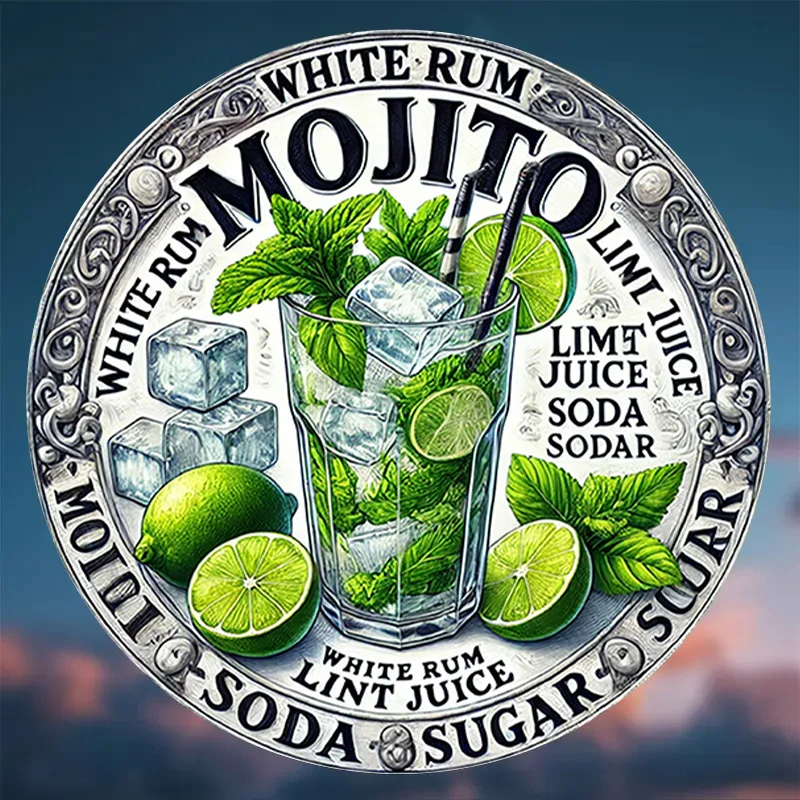 1pc Vintage White Rum Mojito Cocktail Glass Metal Sign,8-inch Round Metal Wall Art,Classic Bar Decor with Mint & Lime-Ideal Gift