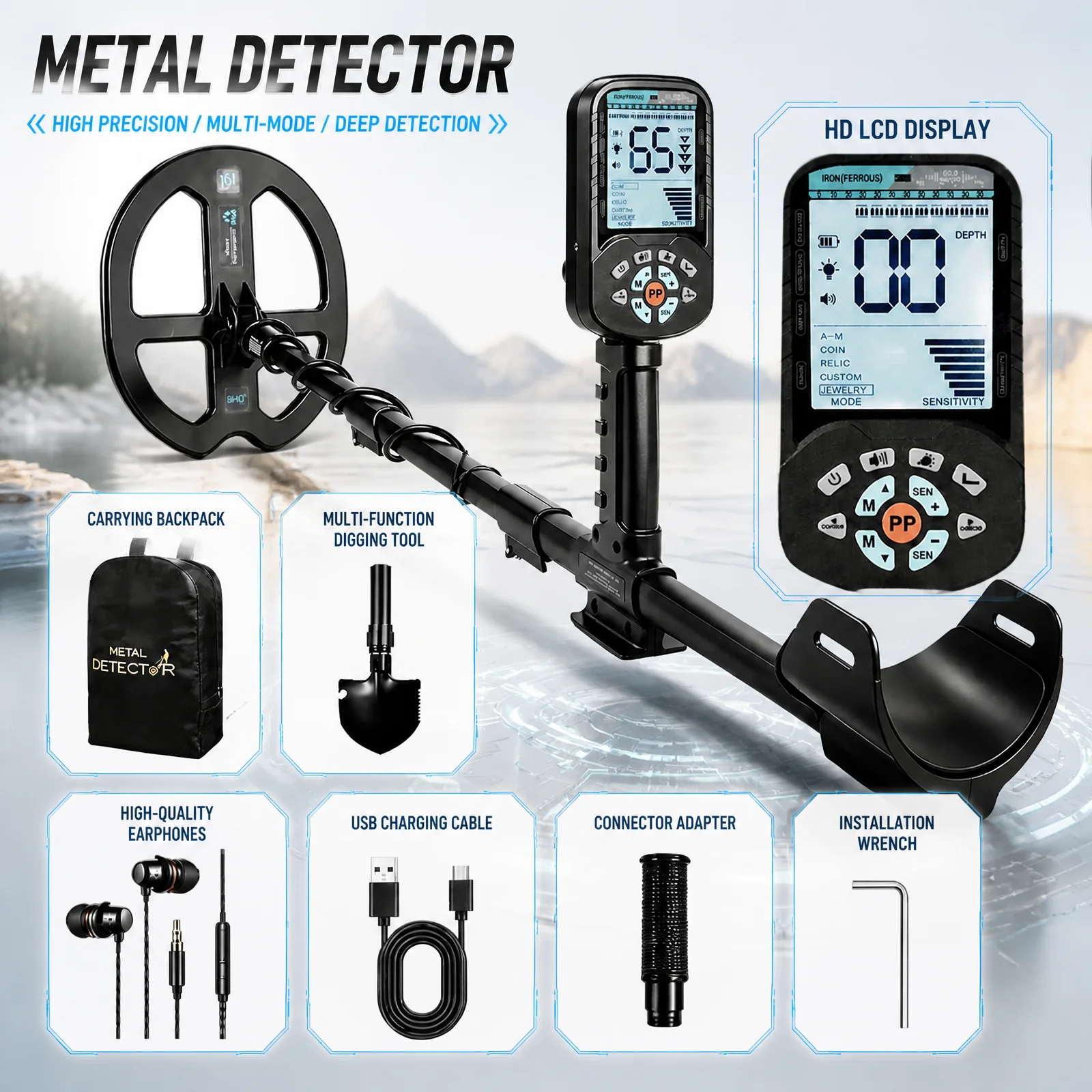 Rechargeable Metal Detector for Adults Professional IP67 Waterproof Detector Kit with 11