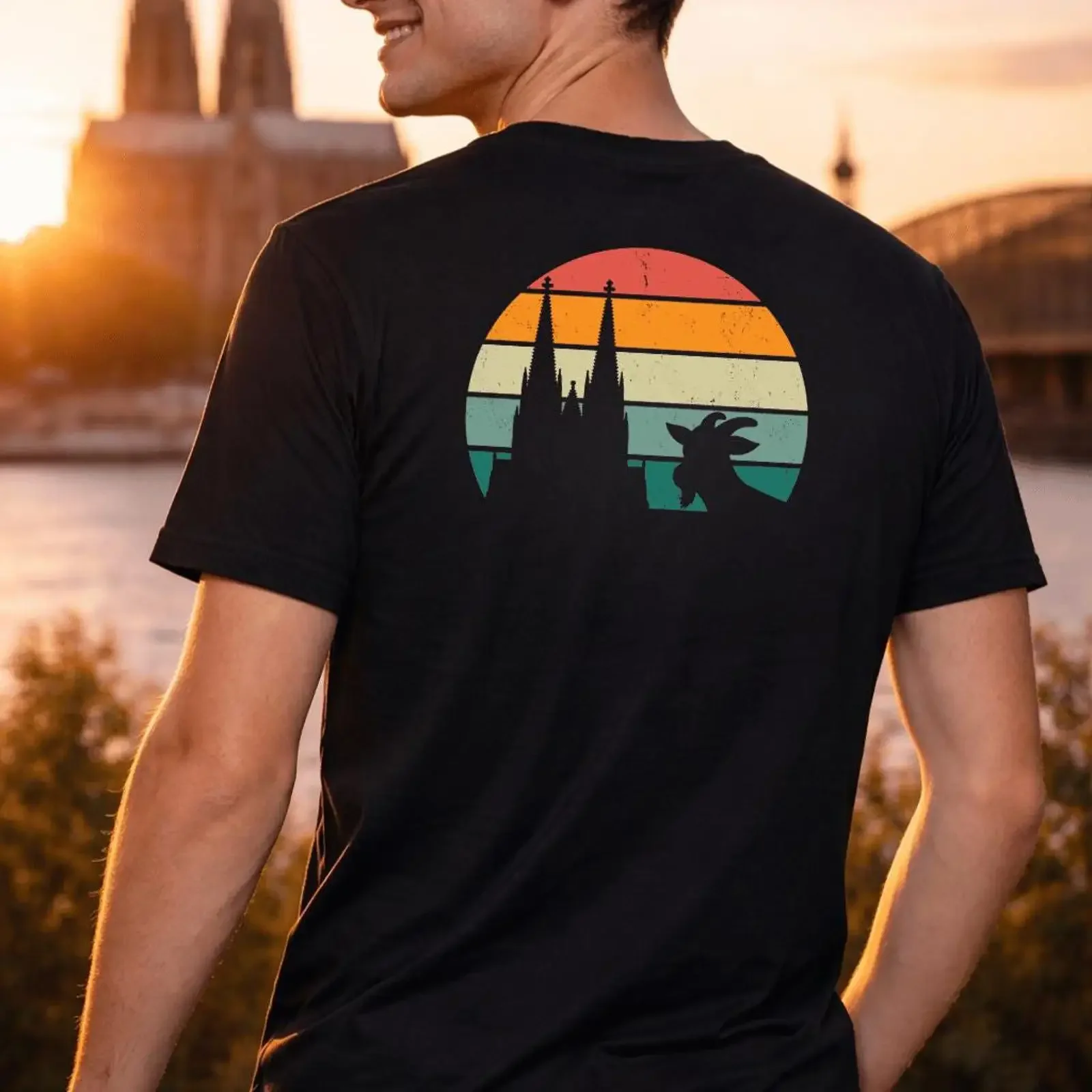 We love Cologne Cathedral billy goat in a retro sunset Women's Men's Bella Canvas black vintage Washed streetwear