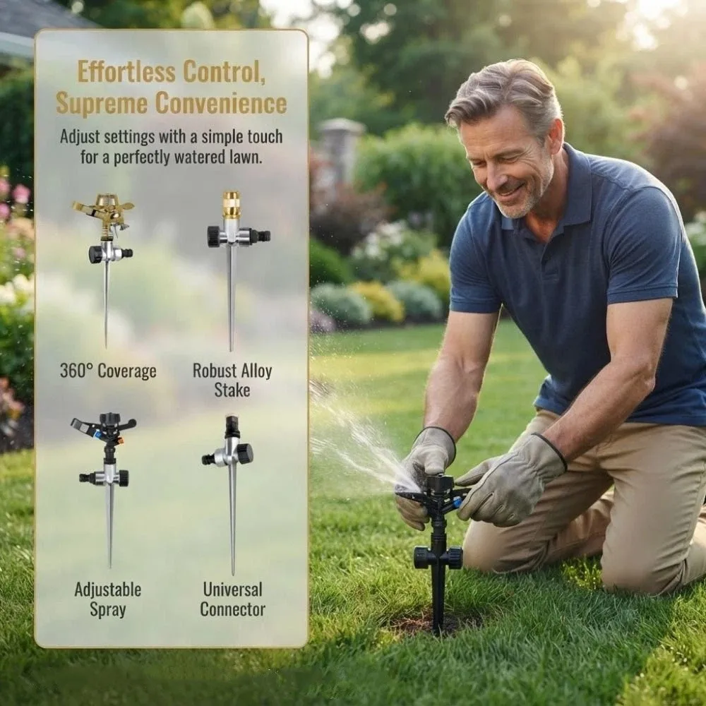Adjustable Spike Sprinkler Double Outlet 360 Degree Rotation Lawn Sprinkler Energy Saving Easy To Install Ground Sprinkler