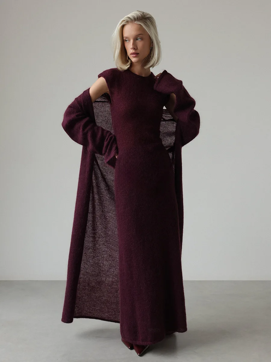 Yaminiya 2025 فستان نسائي أنيق للحفلات السنوية مكون من قطعتين سترة محبوكة بأكمام طويلة + فستان ضيق بأكمام قصيرة جديد