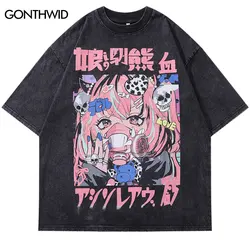 Vintage Black T-Shirt Harajuku Japanese Anime Cartoon Girl Skull Graphic Print Washed Tshirt 2024 Hip Hop Punk Loose Cotton Tops