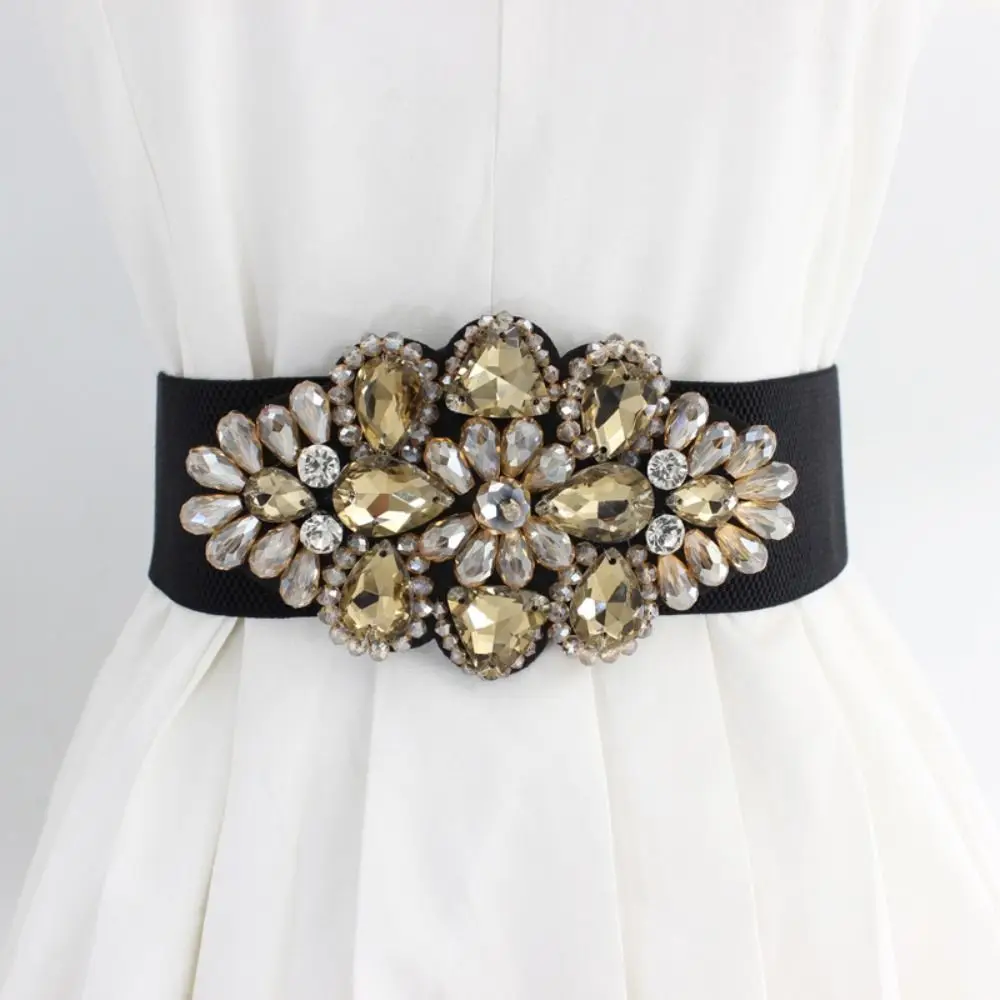 Simple Flower Elastic Cummerbunds Korean Style Strap Belt Women Waistband Wide Black Rhinestone Waist Belt Jacket