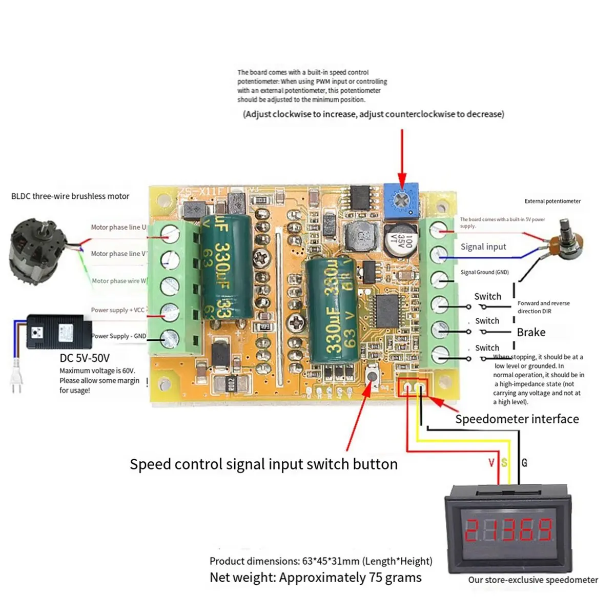 (CLOS) DC Brushless Motor PWM Controller DC 5-50V 12V 24V 48V 300W BLDC Three Phase No Hall Motor Control Driver Board