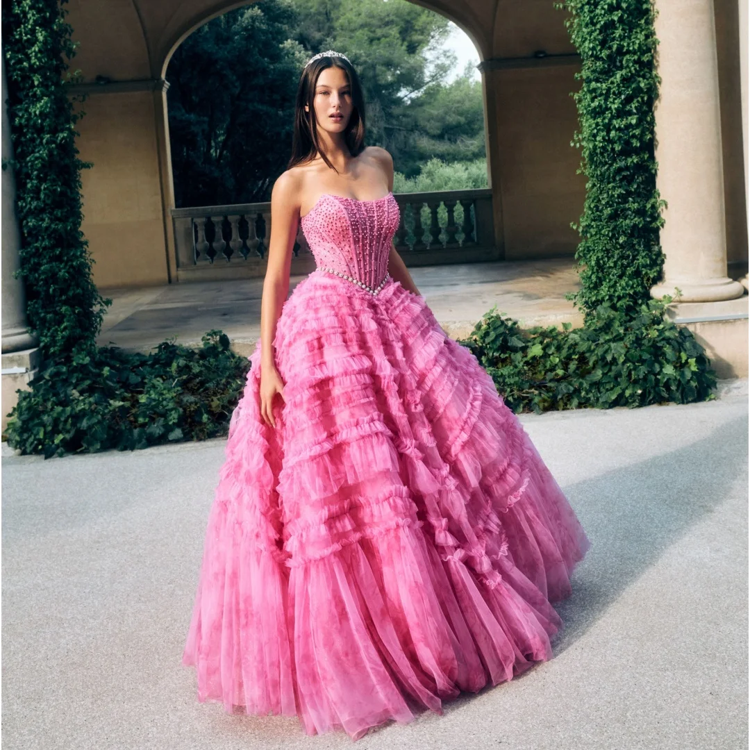 

A Line Beading Strapless Evening Dresses Tiered Ruffles Prom Gown Pearls Elegant Party Dress Customized Formal Vestidos